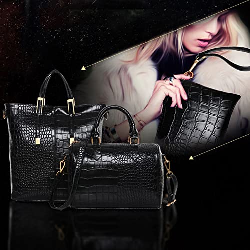 Downupdown Women Handbags and Purses Set Crocodile Pattern Tote Bags Top Handle Handbags Wristlets Wallet Shoulder Bag Satchel 3 Pcs with Shoulder Strap-Black