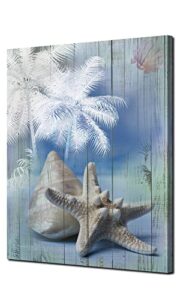bathroom blue ocean picture nursery canvas wall art palm tree coastal conch seashell painting starfish modern artwork framed for bedroom living room home office wall decor 12″x16″