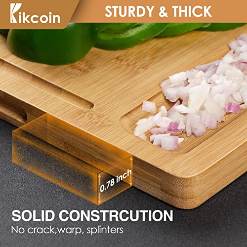 Bamboo Cutting Boards for Kitchen, (Set of 3) Kitchen Chopping Board with 3 Built-In Compartments and Juice Groove Heavy Duty Serving Tray Wood Butcher Block and Wooden Carving Board with Hole