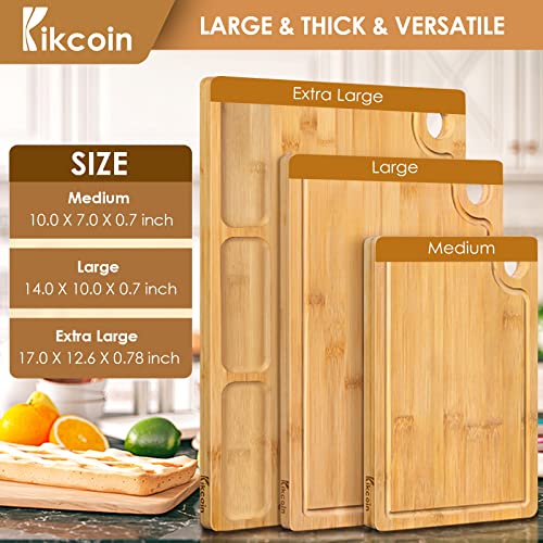 Bamboo Cutting Boards for Kitchen, (Set of 3) Kitchen Chopping Board with 3 Built-In Compartments and Juice Groove Heavy Duty Serving Tray Wood Butcher Block and Wooden Carving Board with Hole