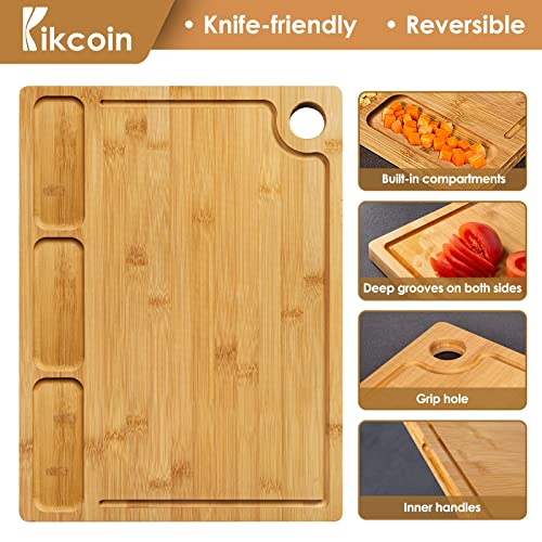 Bamboo Cutting Boards for Kitchen, (Set of 3) Kitchen Chopping Board with 3 Built-In Compartments and Juice Groove Heavy Duty Serving Tray Wood Butcher Block and Wooden Carving Board with Hole