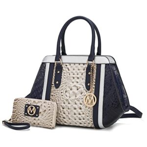 mkf satchel bags for women, featuring a faux crocodile-embossed finish crossover handbag, shoulder side messenger bag navy