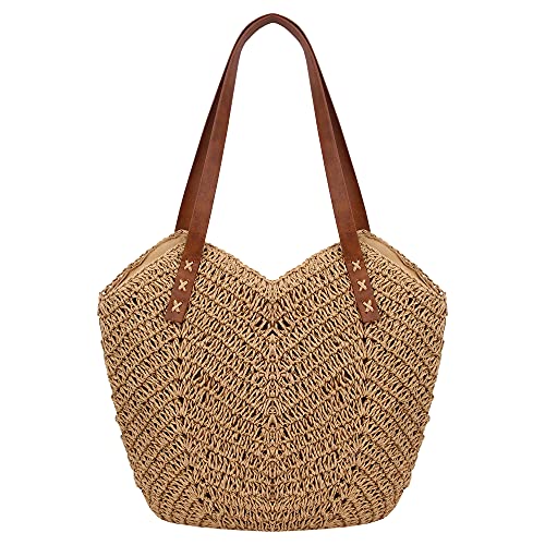 jascaela Women's Straw Woven Bag Large Tote Handbag Summer Beach Handwoven Shoulder Bag - Light brown