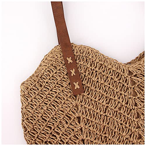 jascaela Women's Straw Woven Bag Large Tote Handbag Summer Beach Handwoven Shoulder Bag - Light brown