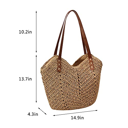 jascaela Women's Straw Woven Bag Large Tote Handbag Summer Beach Handwoven Shoulder Bag - Light brown