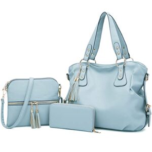 purses and wallets set for women tote satchel handbags large hobo bag purse with wallet 3pcs skyblue