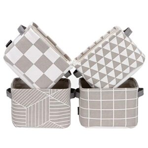 Sea Team Foldable Mini Square New Grey and White Geometric Theme 100% Natural Linen & Cotton Fabric Storage Bins Storage Baskets Organizers for Shelves & Desks - Set of 4 (Grey)