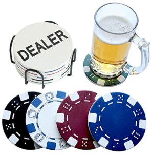 panchh man cave coasters with holder for drinks & manly decor – cool kitchen stuff, best housewarming & birthday gifts for men, guys, male best friend – casino theme, fun poker coasters- home bar