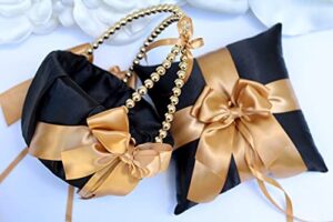 flower girl basket and ring bearer pillow set black gold wedding basket gold ring pillow wedding ring pillow gold pearl handle baske (black as picture, 1 pillow + 1 basket)