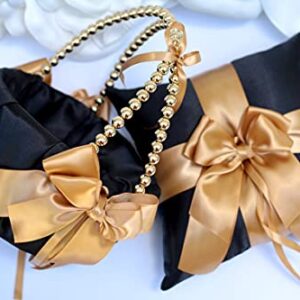 Flower Girl Basket and Ring Bearer Pillow Set Black Gold Wedding Basket Gold Ring Pillow Wedding Ring Pillow Gold Pearl Handle Baske (Black as Picture, 1 Pillow + 1 Basket)