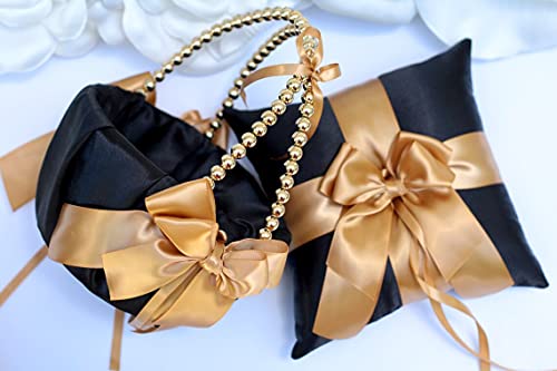 Flower Girl Basket and Ring Bearer Pillow Set Black Gold Wedding Basket Gold Ring Pillow Wedding Ring Pillow Gold Pearl Handle Baske (Black as Picture, 1 Pillow + 1 Basket)