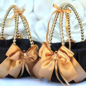 Flower Girl Basket and Ring Bearer Pillow Set Black Gold Wedding Basket Gold Ring Pillow Wedding Ring Pillow Gold Pearl Handle Baske (Black as Picture, 1 Pillow + 1 Basket)