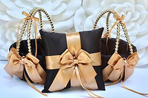 Flower Girl Basket and Ring Bearer Pillow Set Black Gold Wedding Basket Gold Ring Pillow Wedding Ring Pillow Gold Pearl Handle Baske (Black as Picture, 1 Pillow + 1 Basket)