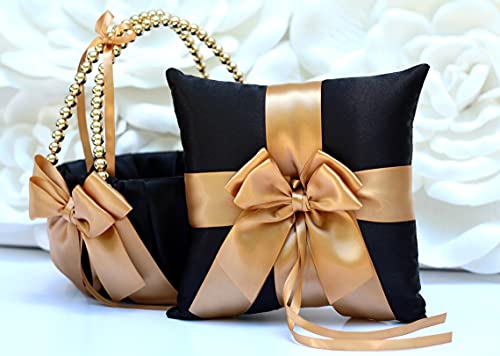 Flower Girl Basket and Ring Bearer Pillow Set Black Gold Wedding Basket Gold Ring Pillow Wedding Ring Pillow Gold Pearl Handle Baske (Black as Picture, 1 Pillow + 1 Basket)