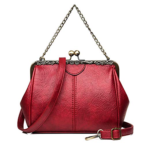 Segater Women Small Retro Kiss Lock Handbag and Purses PU Leather Hollow Tote Shoulder Bag Satchels with Chain Burgundy