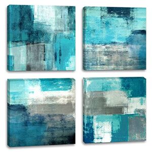 abstract wall art canvas turquoise and grey abstract art painting canvas artwork contemporary wall art for bathroom bedroom living room kitchen wall decor 12″ x 12″ x 4 pieces canvas prints
