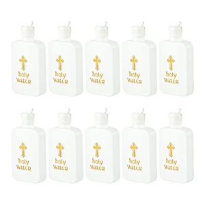 IUASZZ 10 Pieces Holy Water Bottles White with Gold Blocking Logo Religious Easter Plastic Bottle for Home Kitchen Party Decorative Accessories 3.4oz