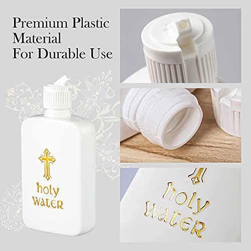 IUASZZ 10 Pieces Holy Water Bottles White with Gold Blocking Logo Religious Easter Plastic Bottle for Home Kitchen Party Decorative Accessories 3.4oz