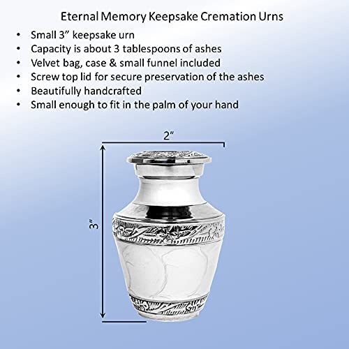 Keepsake White Silver Urn for Human Ashes, with Case and Velvet Bag – Mini Funeral Burial White by Eternal Memory (Small)