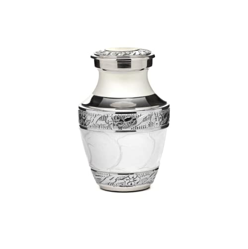 Keepsake White Silver Urn for Human Ashes, with Case and Velvet Bag – Mini Funeral Burial White by Eternal Memory (Small)