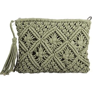 magibag crochet tassel handbag straw envelope clutch bag cotton macrame purse hobo hand-woven beach wristlet bag with zipper（01-green