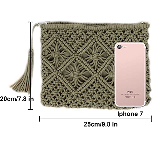 Magibag Crochet Tassel Handbag Straw Envelope Clutch Bag Cotton Macrame Purse Hobo Hand-Woven Beach Wristlet Bag with Zipper（01-Green