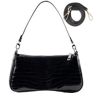 scioltoo shoulder bag for women casual cute croc pu leather crossbody purses mini clutch handbags croc tote with long strap and top zipper closure black