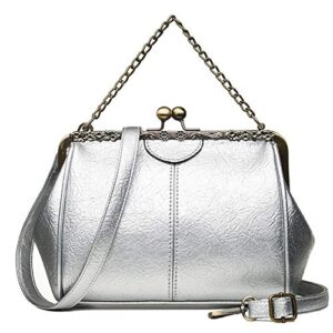 segater women small retro kiss lock handbag and purses pu leather hollow tote shoulder bag satchels with chain silver