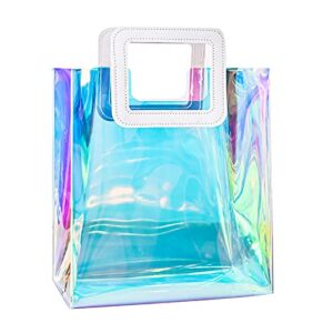 inheming holographic clear tote bag, women fashion iridescent hand bag, waterproof pvc handbags for work, shopping, beach, stadium