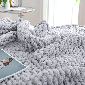 chunky knit blanket throw 51×63, soft chenille chunky knitted throw blanket, big knit blankets chunky, thick cable knit throw, large rope knot throw blankets for couch bed sofa(light grey)