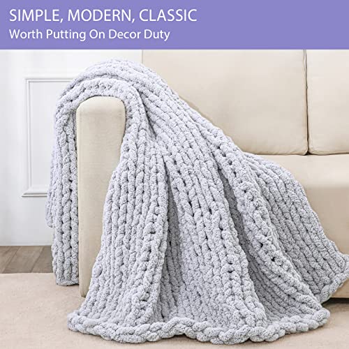 Chunky Knit Blanket Throw 51x63, Soft Chenille Chunky Knitted Throw Blanket, Big Knit Blankets Chunky, Thick Cable Knit Throw, Large Rope Knot Throw Blankets for Couch Bed Sofa(Light Grey)