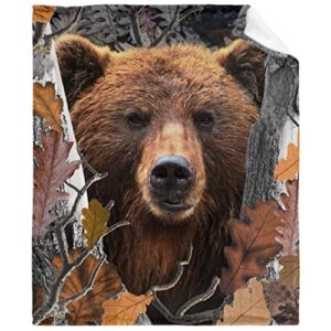 camo bear throw blanket super soft lightweight warm fuzzy plush fleece blankets for couch sofa bed bear blanket for adults gift for men boys home hunting decor 80″x60″ for adult