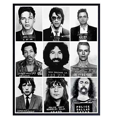 Bowie, Elvis, Johnny Cash, Jerry Garcia, Jimi Hendrix, Mick Jagger, Frank Sinatra, David Crosby, Janice Joplin Musicians Mugshots Photo - LARGE 11x14 - Music Gifts - Wall Art Home Decor Poster Prints