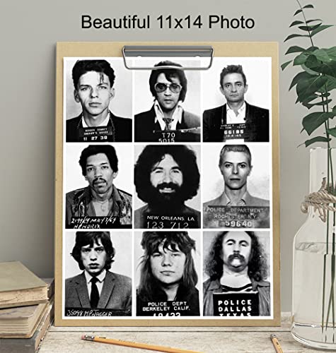 Bowie, Elvis, Johnny Cash, Jerry Garcia, Jimi Hendrix, Mick Jagger, Frank Sinatra, David Crosby, Janice Joplin Musicians Mugshots Photo - LARGE 11x14 - Music Gifts - Wall Art Home Decor Poster Prints