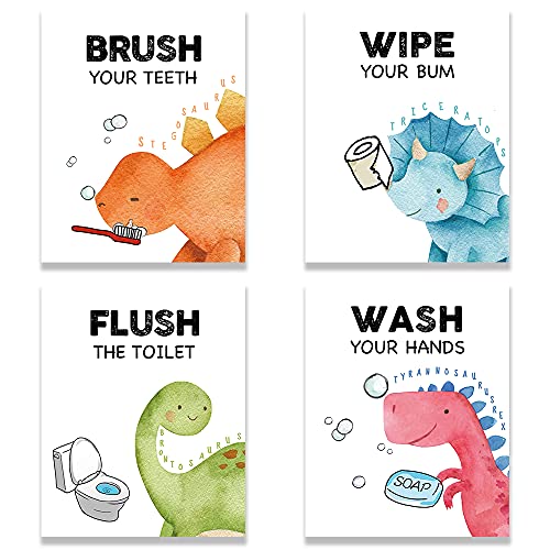 FALJIOK Funny Dinosaur Bathroom Decor, Brush Flush Wipe Wash Baby Boy Nursery Bathroom Wall Art Prints Decorations for Kids Nursery Boy Girl Son Bathroom Set of 4(8" x 10") Unframed