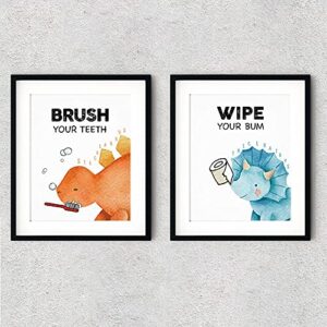 FALJIOK Funny Dinosaur Bathroom Decor, Brush Flush Wipe Wash Baby Boy Nursery Bathroom Wall Art Prints Decorations for Kids Nursery Boy Girl Son Bathroom Set of 4(8" x 10") Unframed