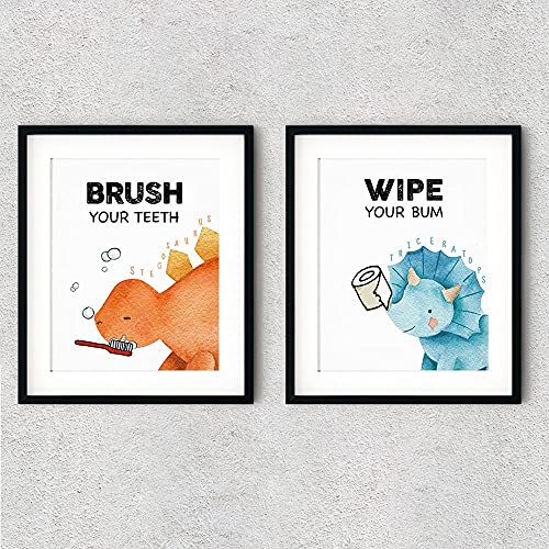 FALJIOK Funny Dinosaur Bathroom Decor, Brush Flush Wipe Wash Baby Boy Nursery Bathroom Wall Art Prints Decorations for Kids Nursery Boy Girl Son Bathroom Set of 4(8" x 10") Unframed