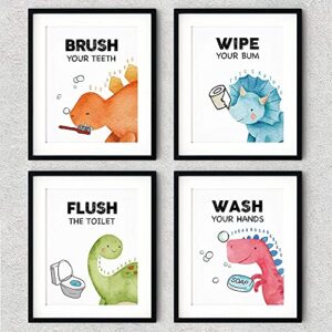 FALJIOK Funny Dinosaur Bathroom Decor, Brush Flush Wipe Wash Baby Boy Nursery Bathroom Wall Art Prints Decorations for Kids Nursery Boy Girl Son Bathroom Set of 4(8" x 10") Unframed