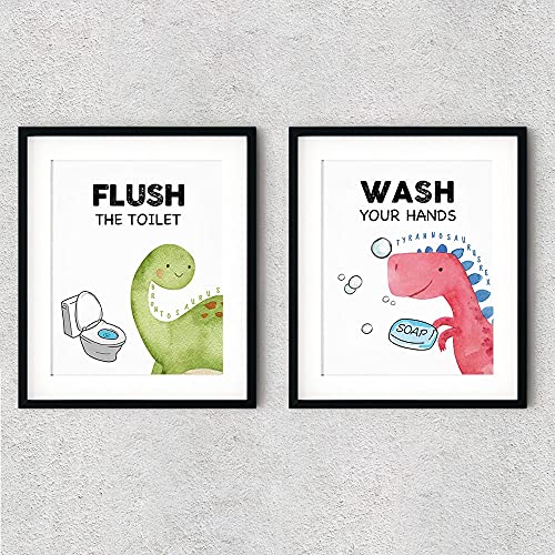 FALJIOK Funny Dinosaur Bathroom Decor, Brush Flush Wipe Wash Baby Boy Nursery Bathroom Wall Art Prints Decorations for Kids Nursery Boy Girl Son Bathroom Set of 4(8" x 10") Unframed