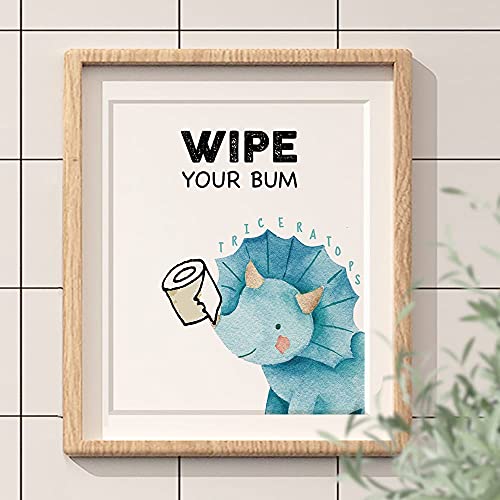 FALJIOK Funny Dinosaur Bathroom Decor, Brush Flush Wipe Wash Baby Boy Nursery Bathroom Wall Art Prints Decorations for Kids Nursery Boy Girl Son Bathroom Set of 4(8" x 10") Unframed