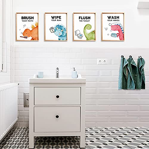 FALJIOK Funny Dinosaur Bathroom Decor, Brush Flush Wipe Wash Baby Boy Nursery Bathroom Wall Art Prints Decorations for Kids Nursery Boy Girl Son Bathroom Set of 4(8" x 10") Unframed