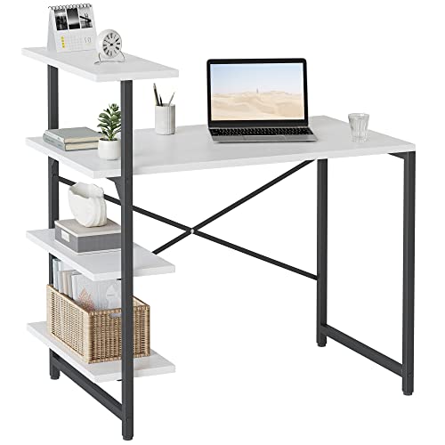 CubiCubi Small Computer Desk with Shelves 40 Inch, Home Office Desk, Study Writing Office Table, 3 Tier Shelf, White