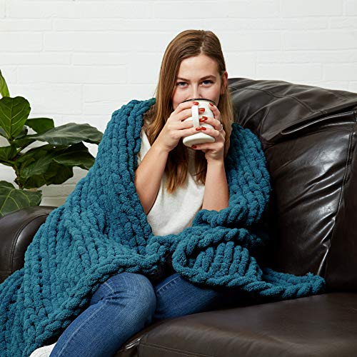 Sterling Letter Chunky Knit Throw Blanket - 40" x 48" - Handwoven - Gorgeous Braided - Breathable - Chenille Yarn - Cozy Blanket - Modern Bedding - Soft Blankets - Bedroom Decor (Caribbean Sea Blue)