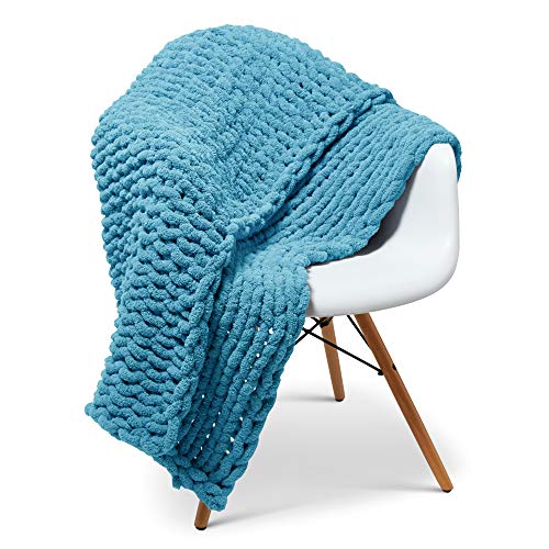 Sterling Letter Chunky Knit Throw Blanket - 40" x 48" - Handwoven - Gorgeous Braided - Breathable - Chenille Yarn - Cozy Blanket - Modern Bedding - Soft Blankets - Bedroom Decor (Caribbean Sea Blue)