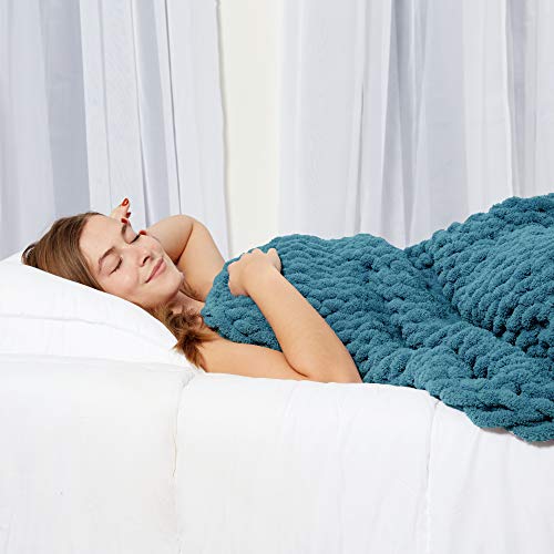 Sterling Letter Chunky Knit Throw Blanket - 40" x 48" - Handwoven - Gorgeous Braided - Breathable - Chenille Yarn - Cozy Blanket - Modern Bedding - Soft Blankets - Bedroom Decor (Caribbean Sea Blue)