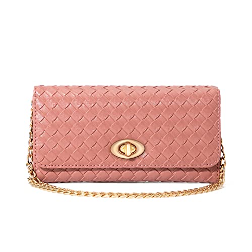 U+U Small Wallet Purses for Women Crossbody Bag Woven Credit Card Holder with Detachable Metal Chain Cell Phone Purse Women's Shoulder Handbags(Pink)