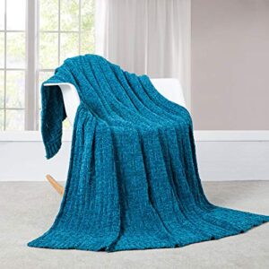 revdomfly chenille cable knit blanket fluffy knitted throw blanket, cozy plush lightweight woven blanket for couch bed sofa, 50″ x 60″, blue