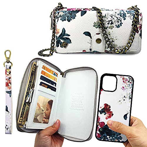 XGrand Crossbody Wallet Case iPhone 13 Pro Max 6.7 inches [3 in 1] Detachable Magnetic Zipper Purse 14 Card Slots Pocket Crossbody Chain Wrist Strap Clutch Leather Wallet Cases - White, White Floral