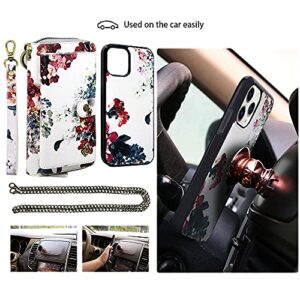 XGrand Crossbody Wallet Case iPhone 13 Pro Max 6.7 inches [3 in 1] Detachable Magnetic Zipper Purse 14 Card Slots Pocket Crossbody Chain Wrist Strap Clutch Leather Wallet Cases - White, White Floral