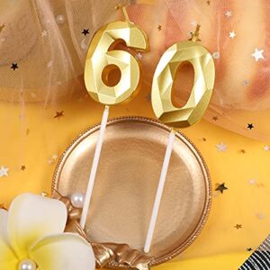 60th Birthday Number Candles 3D Diamond Shape Cake Candles Number 60 Candles Cake Topper Decoration for Birthday Wedding Celebration Anniversary Favor (Gold)